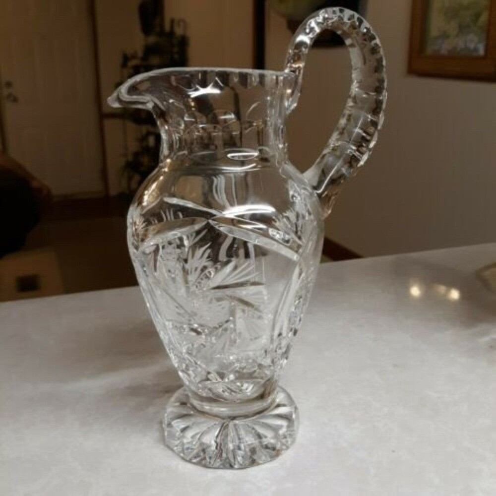 Pinwheel Clear Lead Crystal Cut Glass Pitcher 7" 12 oz.
